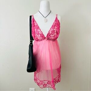 Frederick’s of Hollywood mauve pink lace mesh sheer babydoll lingire mini dress